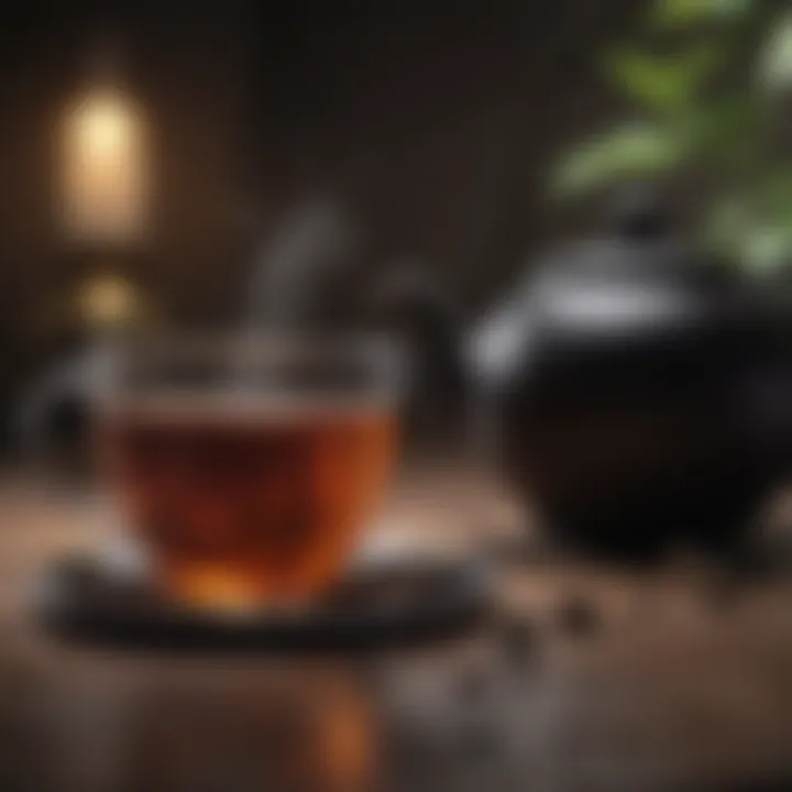 A serene setting with a teapot and a cup filled with black tea.