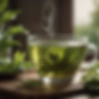 A steaming cup of green tea with fresh leaves beside it.