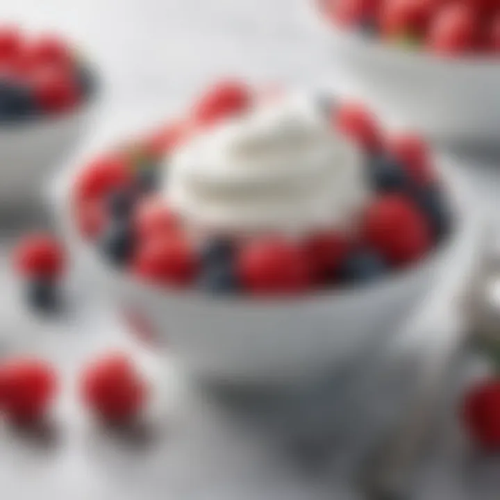 A close-up of a bowl of creamy yogurt topped with fresh berries