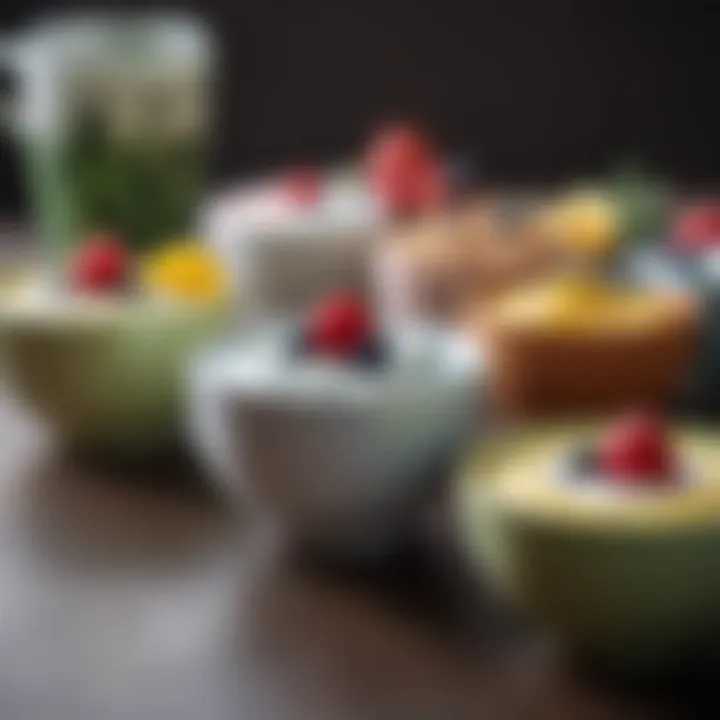 A variety of yogurt types displayed in colorful bowls