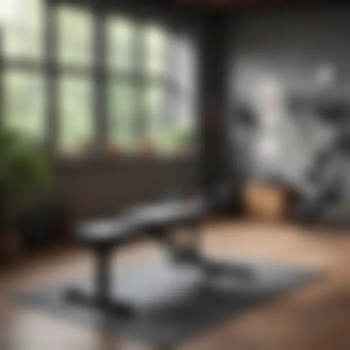 A well-organized home gym featuring a weightlifting bench