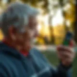 A senior individual utilizing a fitness app on a smartphone outdoors