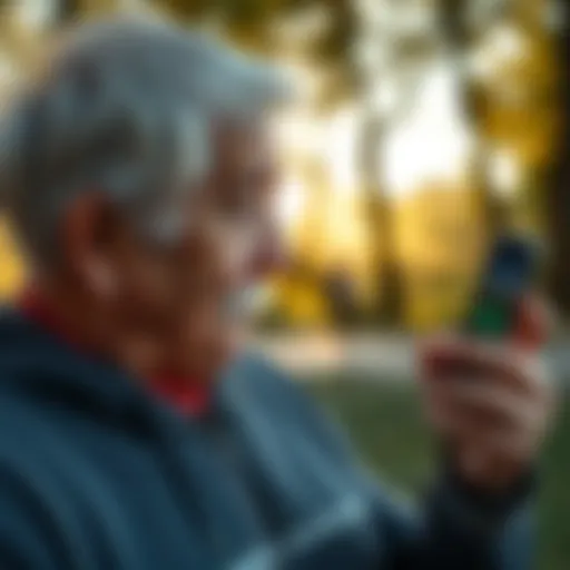 A senior individual utilizing a fitness app on a smartphone outdoors