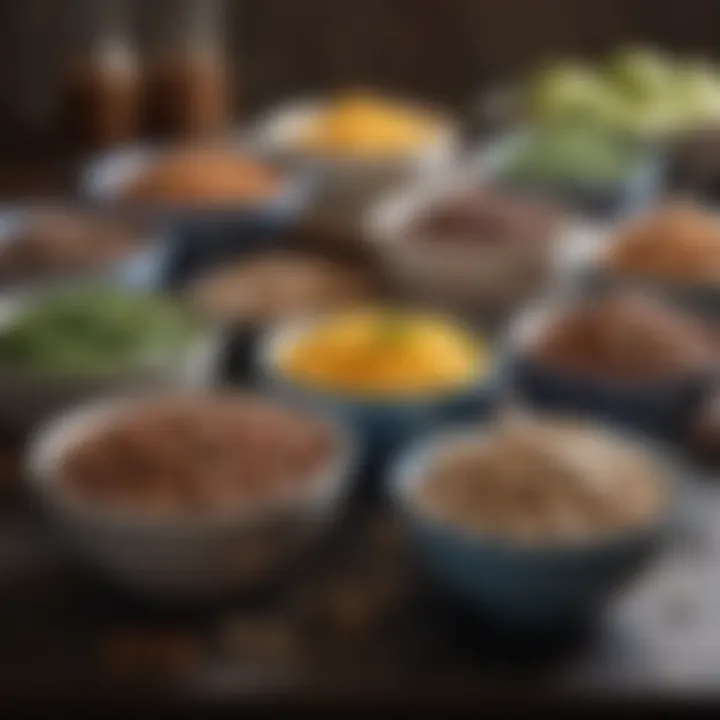 An assortment of macronutrients displayed in visually appealing bowls
