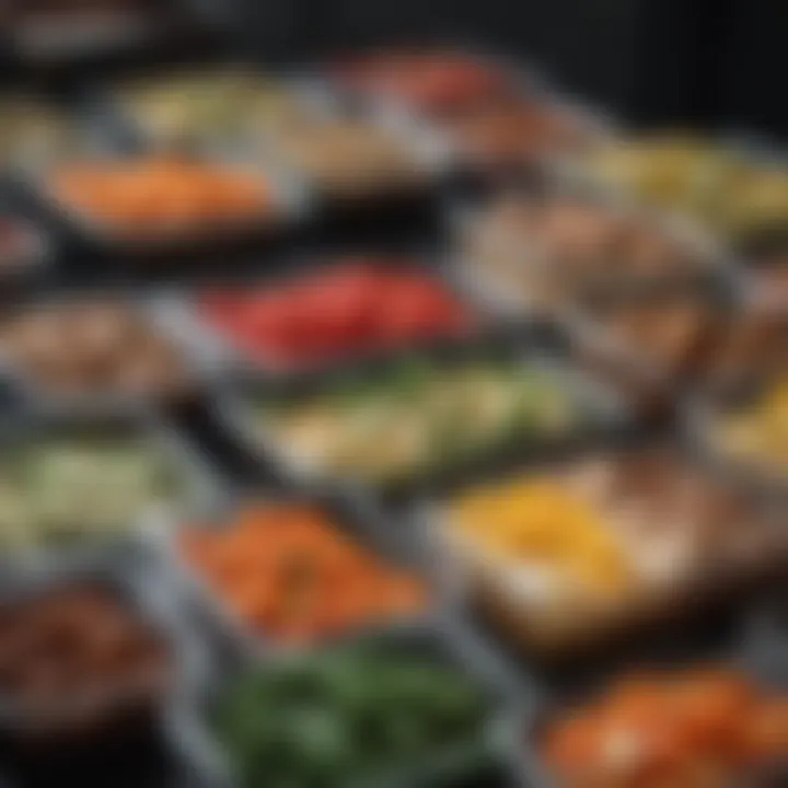 Colorful array of healthy meal prep containers neatly arranged