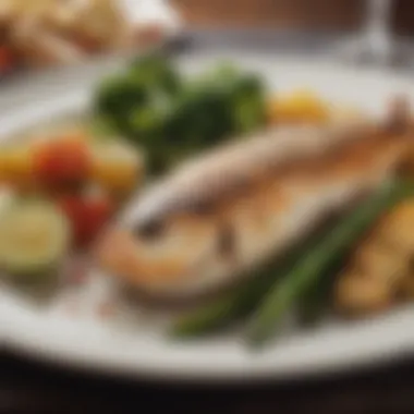 A beautifully arranged plate showing grilled fish with steamed vegetables, showcasing a low-carb meal option.