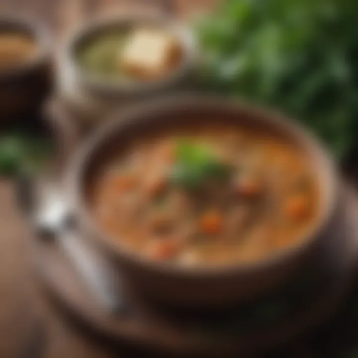 A hearty lentil stew garnished with fresh herbs in a rustic bowl.