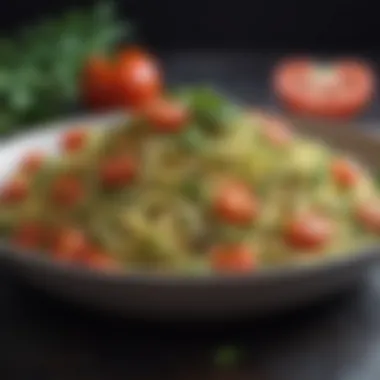 A delightful zucchini noodle dish topped with fresh tomatoes and basil.