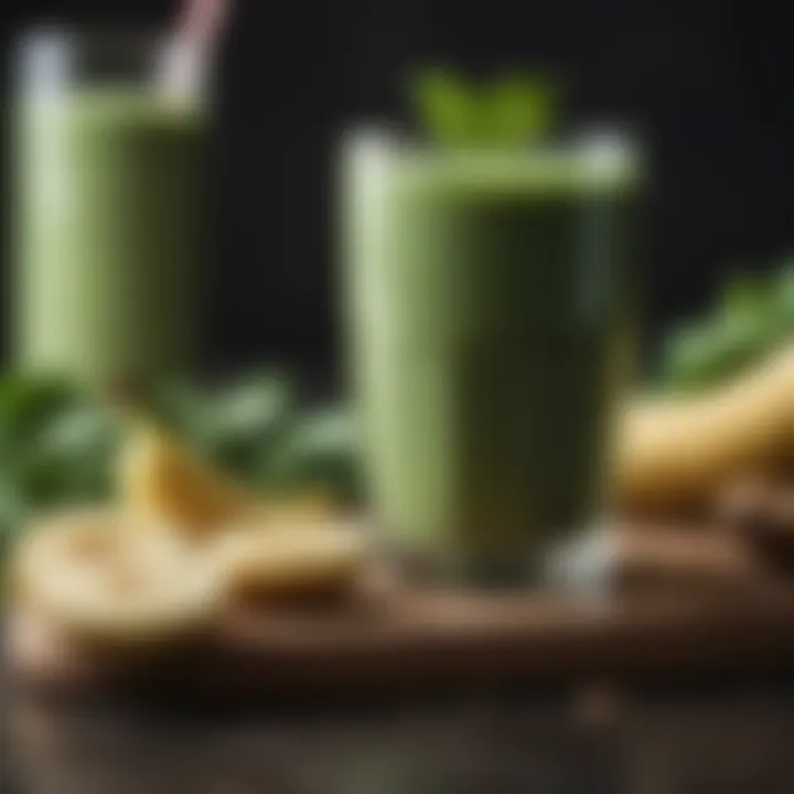 A close-up of a refreshing smoothie made with spinach, banana, and almond milk.