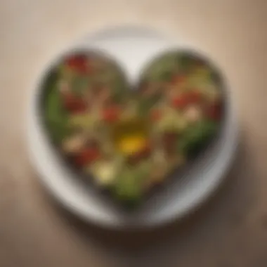 A heart symbol made from olive oil, nuts, and fresh vegetables.