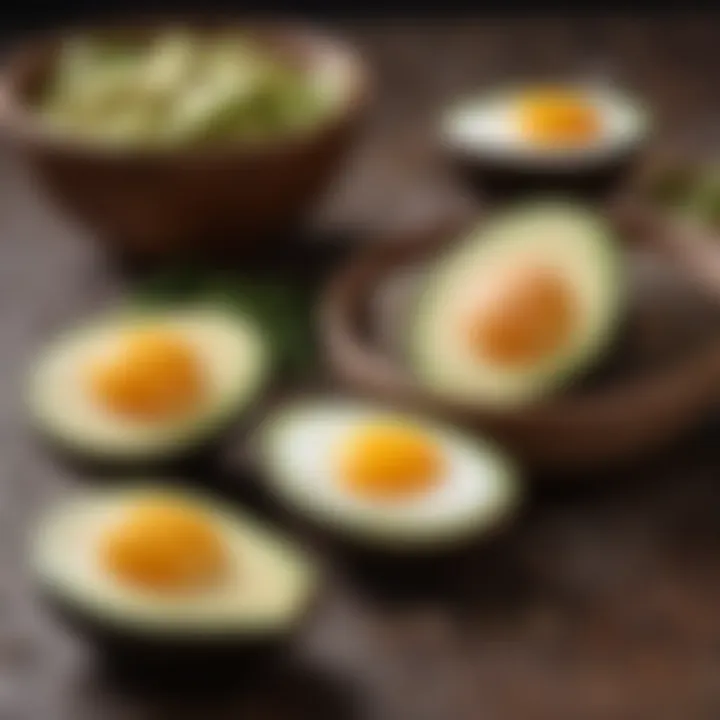 An assortment of high-fiber ingredients like chia seeds and avocados with eggs