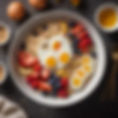 A bowl of oatmeal topped with fresh fruits and a side of eggs