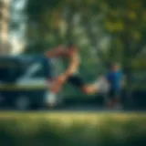 Dynamic high intensity workout in an urban park setting