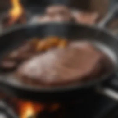 Resting Steak in Iron Skillet Iron skillet with a cooked steak resting