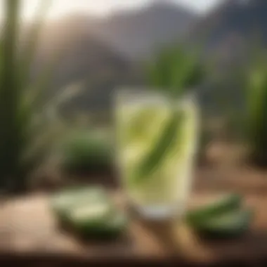 A glass of aloe vera juice set against a backdrop of natural surroundings.