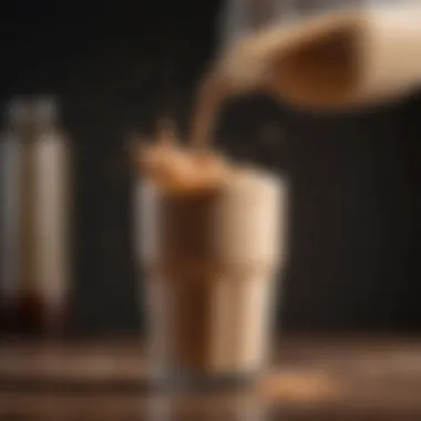 A close-up of a protein shake being poured into a glass