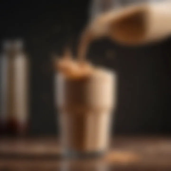 A close-up of a protein shake being poured into a glass