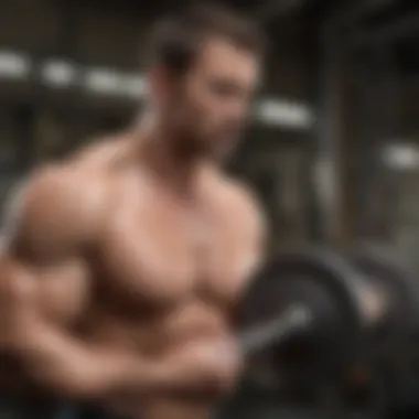 A man lifting weights with protein powder in the background