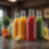 Colorful array of fresh juices in glass bottles showcasing variety