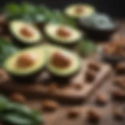 Assortment of keto-friendly foods including avocados, nuts, and leafy greens