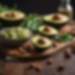 A vibrant spread of keto-friendly ingredients including avocados, nuts, and leafy greens.