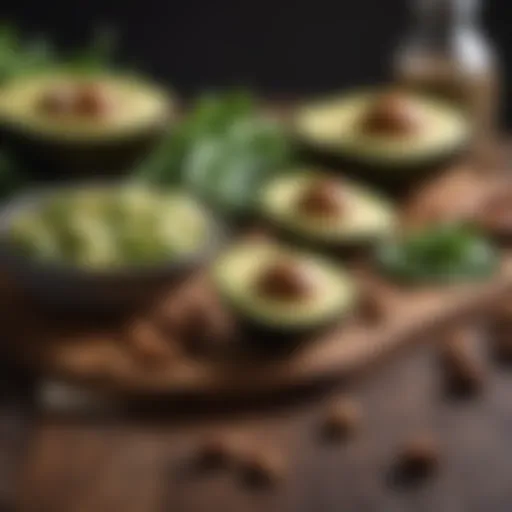 A vibrant spread of keto-friendly ingredients including avocados, nuts, and leafy greens.