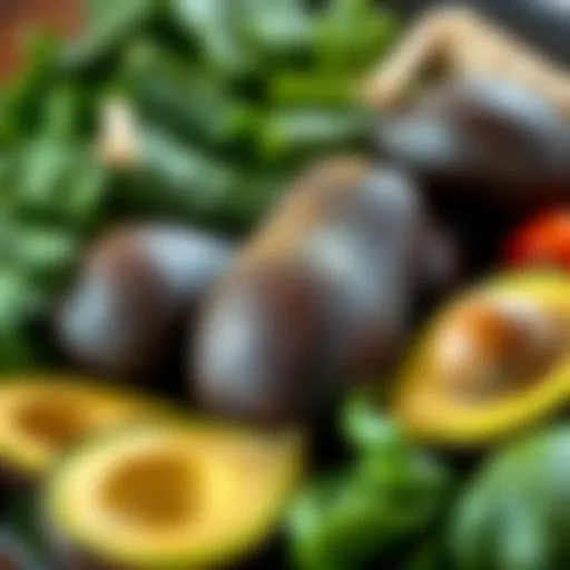 Keto-Friendly Ingredients Fresh avocados and leafy greens showcasing keto-friendly ingredients