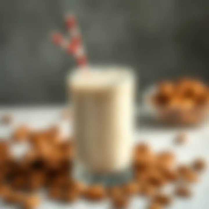 Creamy almond milkshake surrounded by almonds