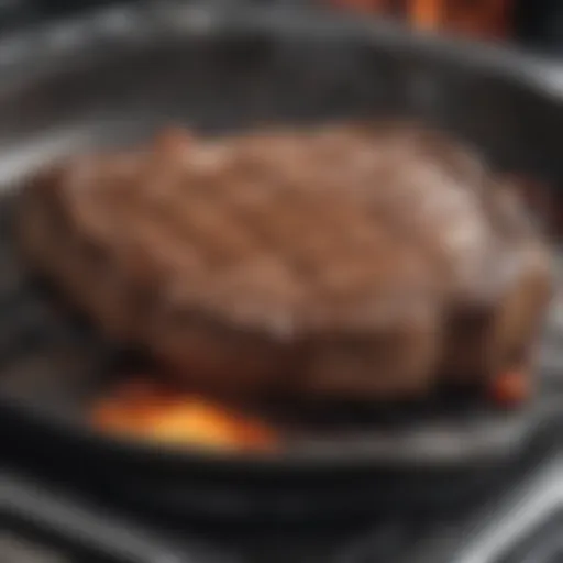 Sizzling steak on a hot skillet