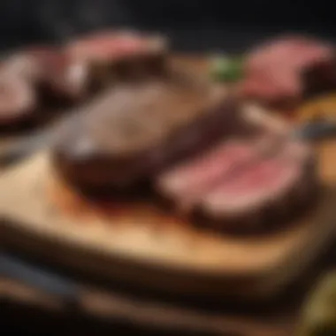 Various steak cuts displayed on a wooden board