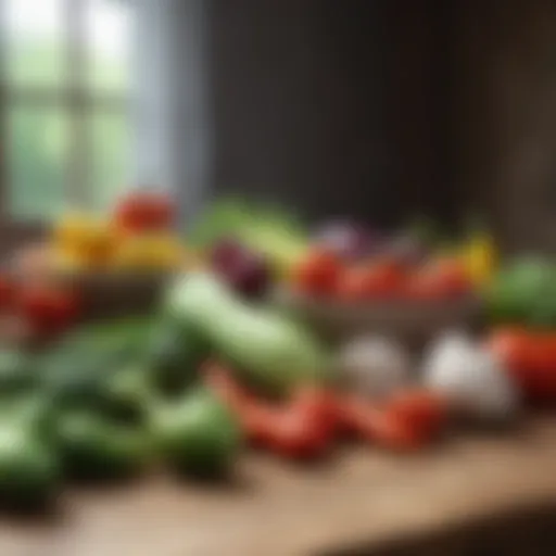 A colorful array of fresh vegetables on a wooden table