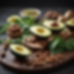 A selection of keto-friendly foods including avocados, nuts, and leafy greens