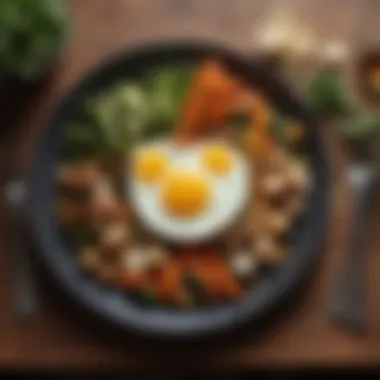 An elegant plate presenting a meal composed of eggs and sautéed vegetables