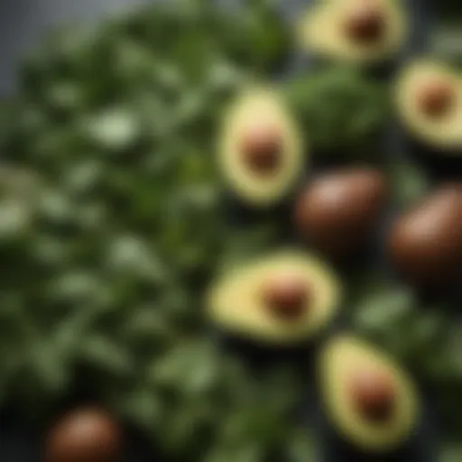 A vibrant assortment of leafy greens and avocados showcasing healthy fats