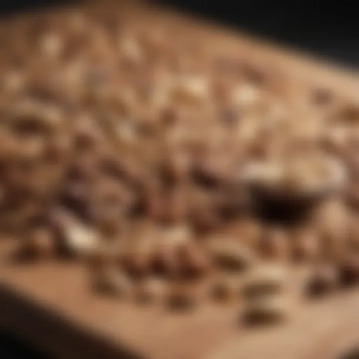 Nuts and seeds spread artistically on a wooden board, highlighting healthy snacks