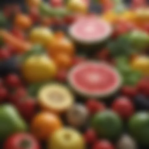 A vibrant spread of fresh fruits and vegetables showcasing their colors.