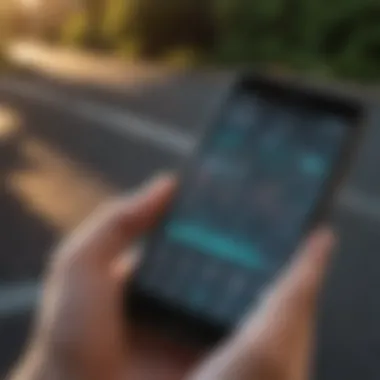 Running Metrics and Analytics Overview Close-up of a smartphone displaying running metrics and analytics