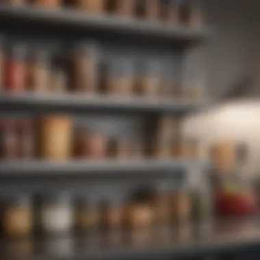 An organized kitchen shelf with labeled food containers, emphasizing efficient space usage.