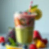 A vibrant smoothie filled with fruits and greens