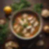 A serene bowl of chicken soup surrounded by herbs