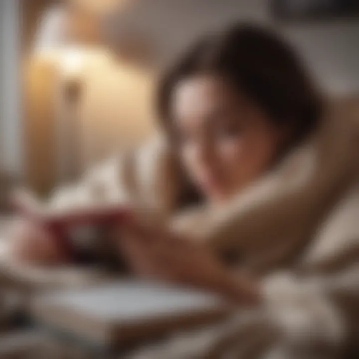 A person resting with a warm blanket and a book