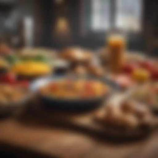 A diverse selection of high-calorie foods arranged on a table.