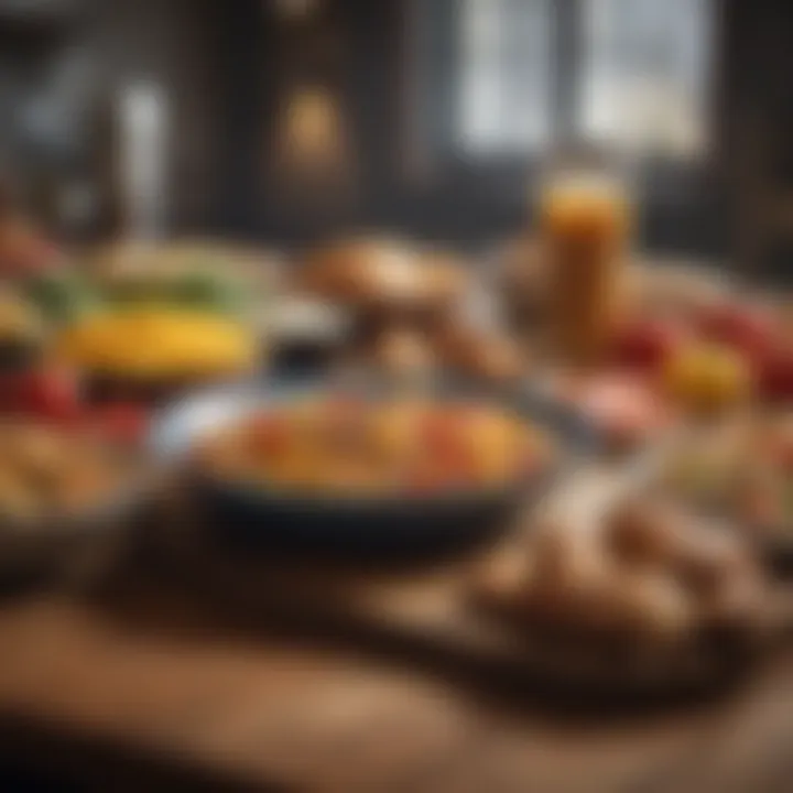 A diverse selection of high-calorie foods arranged on a table.