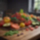 A colorful arrangement of fresh vegetables and fruits on a wooden table