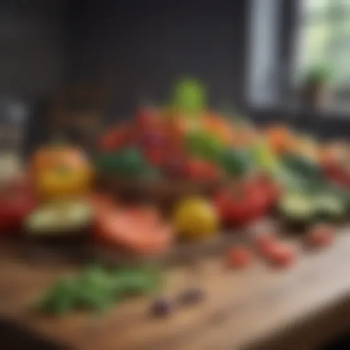 A colorful arrangement of fresh vegetables and fruits on a wooden table