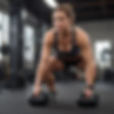 An individual engaged in a dynamic workout session with weights in a modern gym.