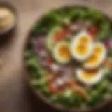 Close-up of a vibrant salad bowl filled with fresh vegetables and lean protein, emphasizing healthy eating.