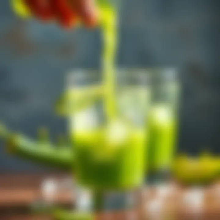 Pouring Aloe Vera Juice Aloe vera juice being poured into a glass with refreshing droplets