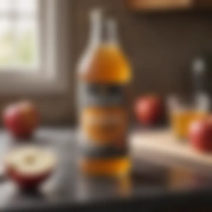 A bottle of organic apple cider vinegar on a kitchen countertop