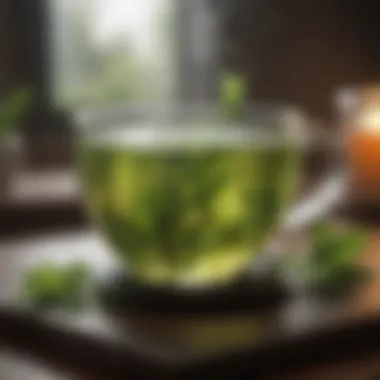 A steaming cup of green tea with fresh leaves